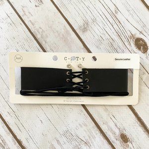 City New York Womens Black Lace Up Choker Necklace & Earring Set Genuine Leather